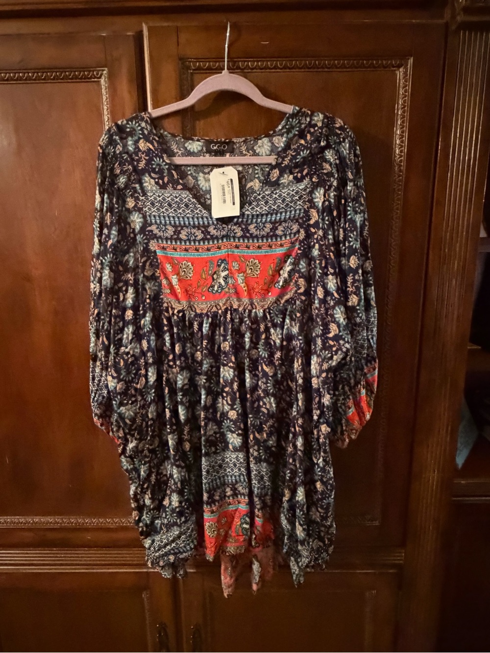 GGO Floral Boho Tunic with Red Accent Panel